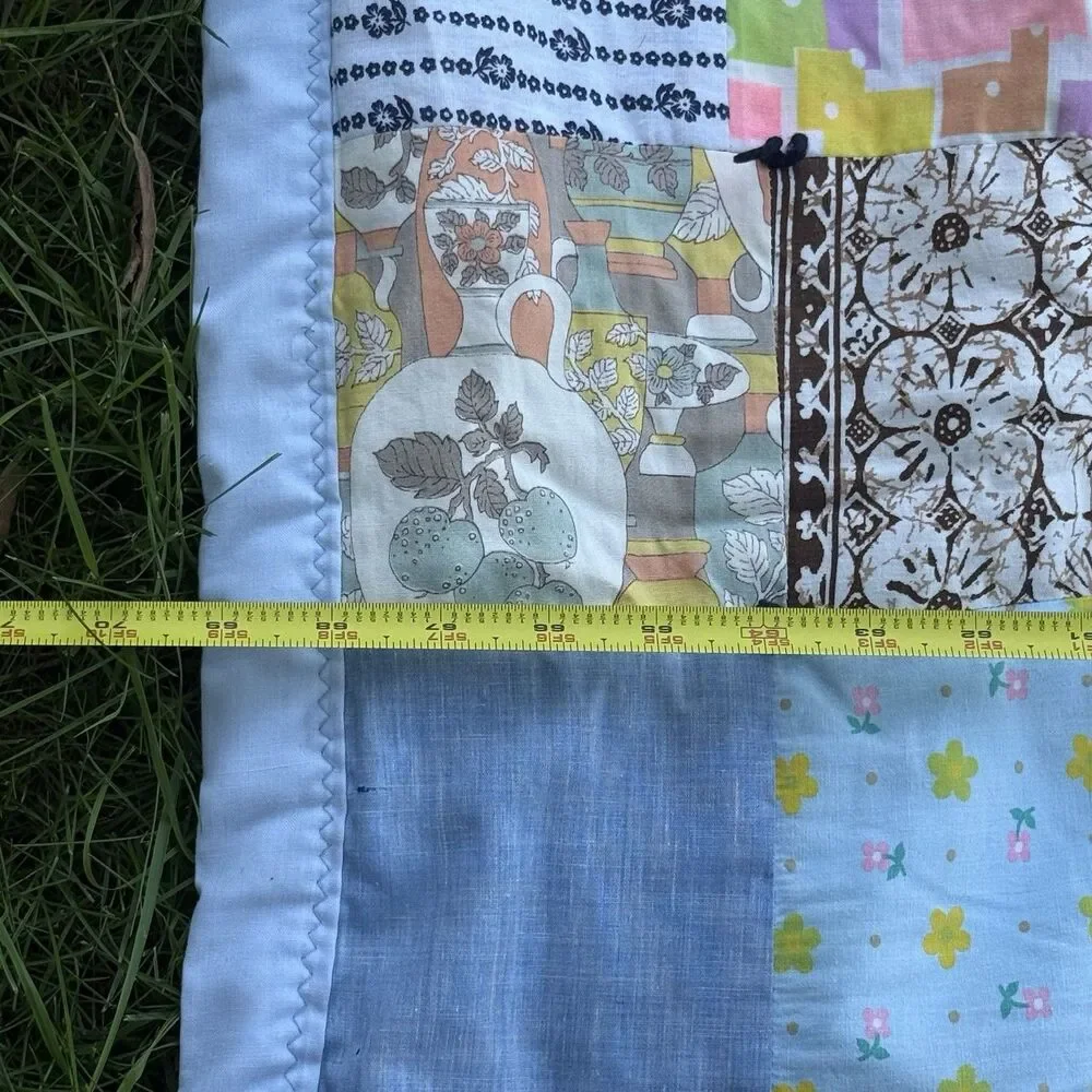 Vintage Handmade Patchwork Tied Quilt Blanket Multicolor 84x70 Throw Floral Blue